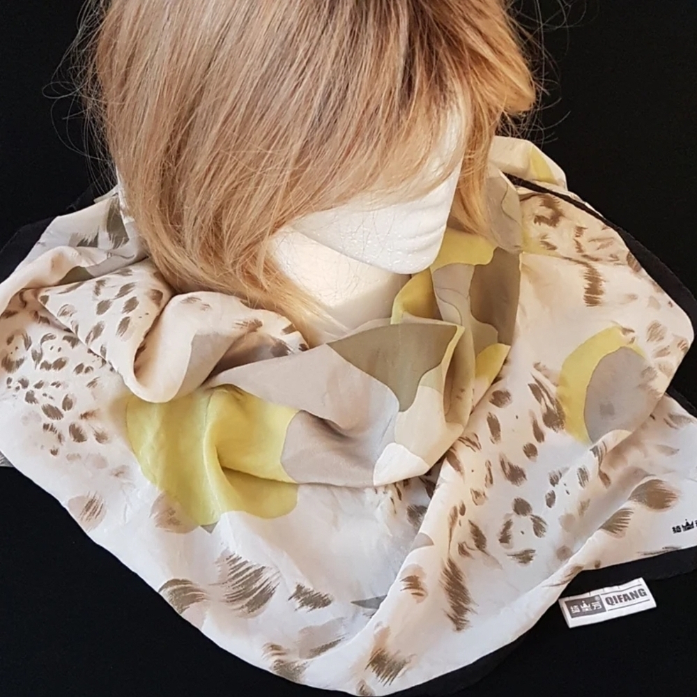 Qifang 100% Silk Scarf, 33x35 inch Square Head Purse Scarf in Neutral Colours